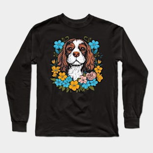 King Charles Spaniel with daisies illustration Long Sleeve T-Shirt